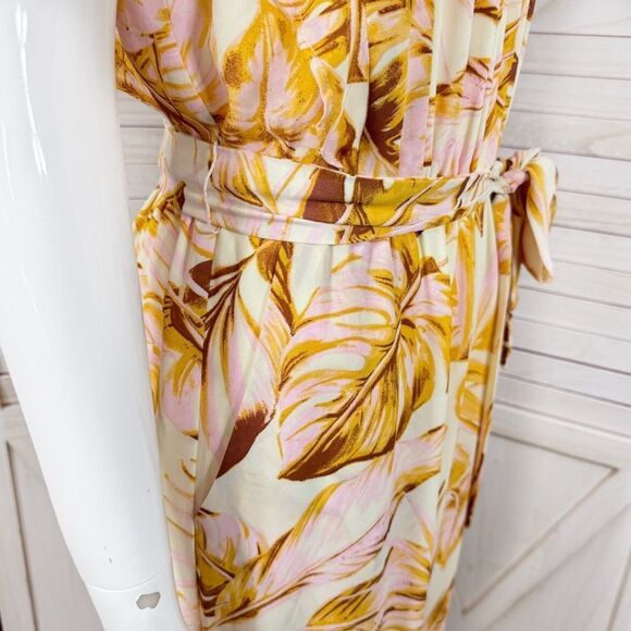 June & Hudson Tropical Print Belted Wide Leg Jumpsuit Pink Yellow Medium - Picture 6 of 12